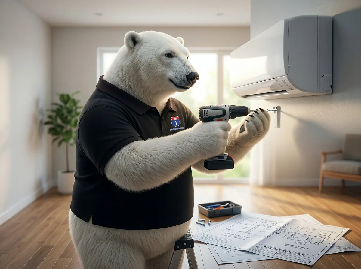 US1 Air bear pointing at a wall-mounted mini-split unit