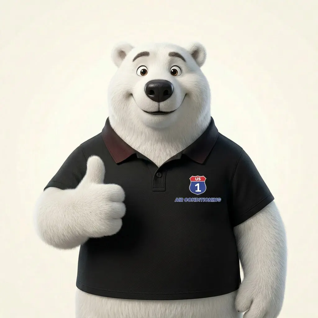 US1 Air polar bear mascot in a red US1 Air polo giving a thumbs up